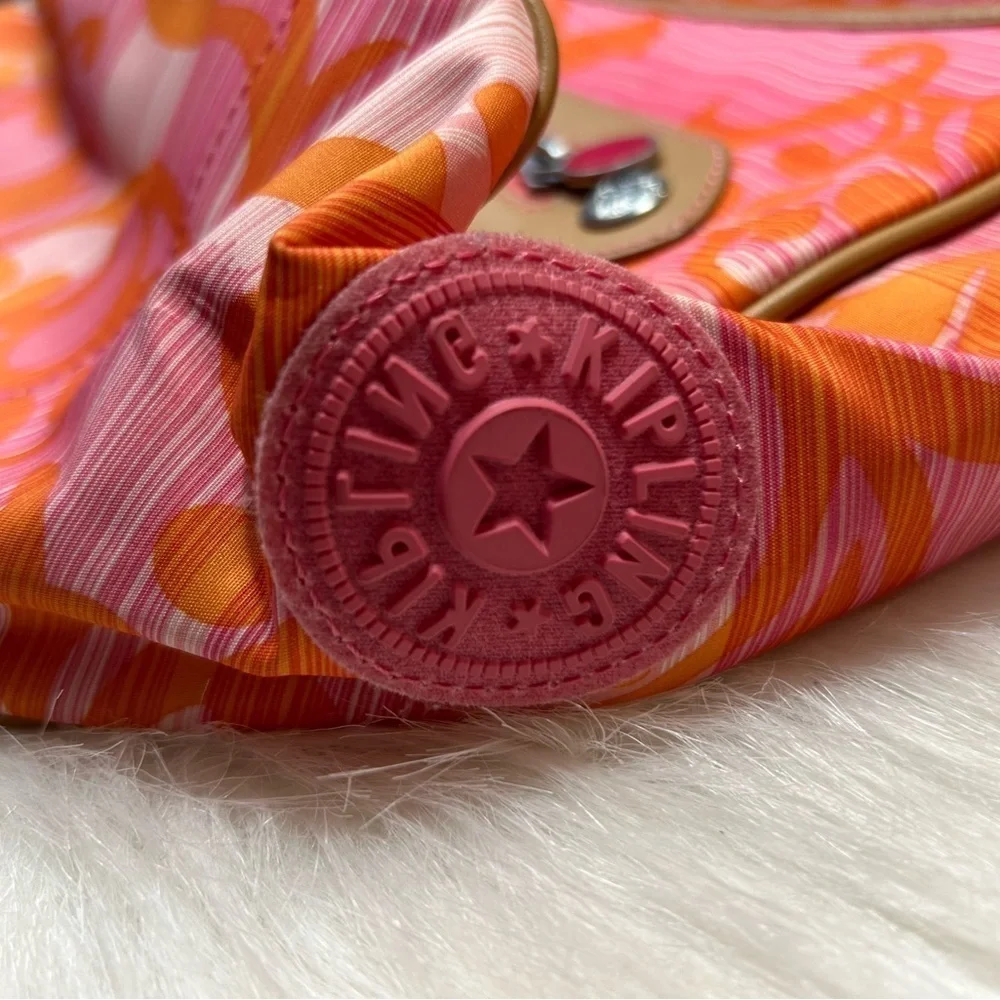 Kipling Nylon Hobo Shoulder Bag Light Weight Orange  With Monkey.